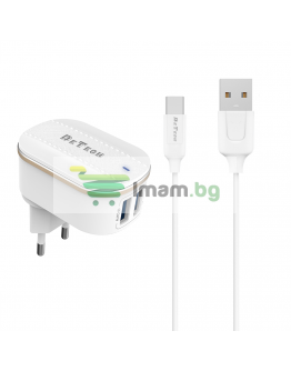 Мрежово зарядно устройство DeTech DE-15C, 5V/3.1A, 220V, 2 x USB, С Type-C кабел, 1.0m, Бял - 40098