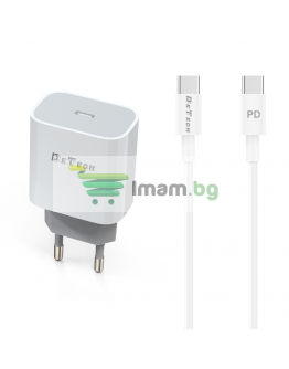 Мрежово зарядно устройство DeTech DE-30PD, 5V/3.0A 220V, 1 x Type-C F, PD, С Type-C кабел, Бял - 40115