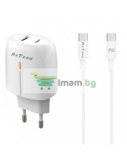 Мрежово зарядно устройство DeTech DE-31PDC, 20W, С PD Type-C кабел, 1 x Type-C F, 1 x USB F, PD, QC, Бял - 40322