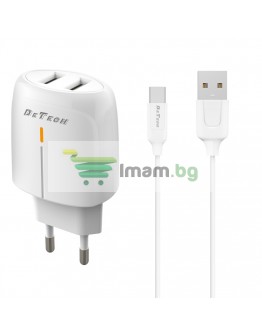 Мрежово зарядно устройство DeTech DE-32QCC, 18W, С Type-C кабел, 2 x USB F, QC, Бял - 40327
