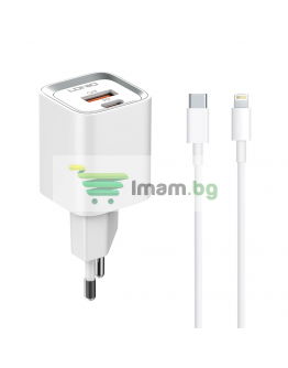 Мрежово зарядно устройство LDNIO A2318C, 20W, 1 x Type-C F, 1 x USB F, PD, QC, С Кабел Type-C към Lightning, Бял - 40293