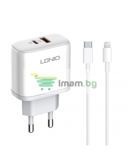 Мрежово зарядно устройство LDNIO A2526C, 45W, 1 x Type-C F, 1 x USB F, PD, QC, PPS, С Кабел Type-C към Lightning , Бял - 40288