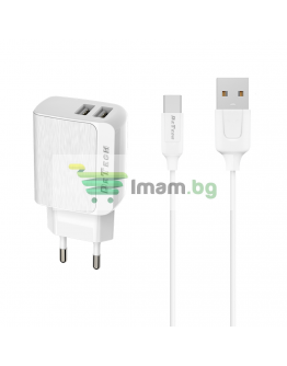 Мрежово зарядно устройство, DeTech, DE-09C, 5V/2.4A, 220V, 2 x USB, С Type-C кабел, 1.0m, Бял - 14141