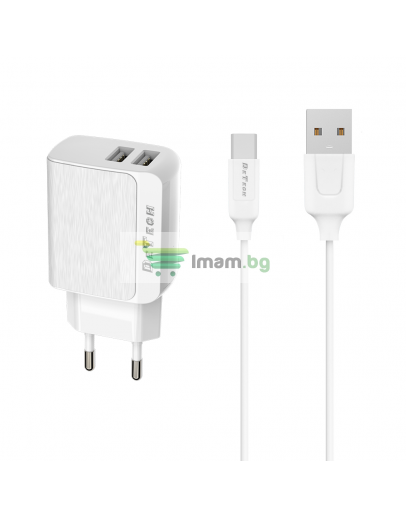 Мрежово зарядно устройство, DeTech, DE-09C, 5V/2.4A, 220V, 2 x USB, С Type-C кабел, 1.0m, Бял - 14141