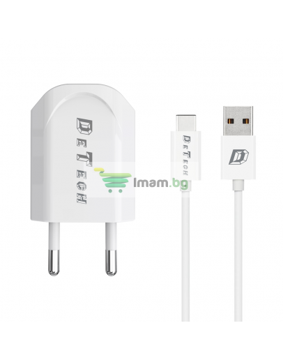 Мрежово зарядно устройство, DeTech, DE-11C, 5V/1A, 220V,1 x USB, С Type-C кабел, 1.0m, Бял - 14117