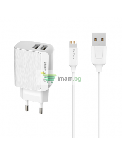 Мрежово зарядно устройство DeTech DE-09i, 5V/2.4A, 220V, 2 x USB, С Lightning кабел, 1.0m, Бял - 14142