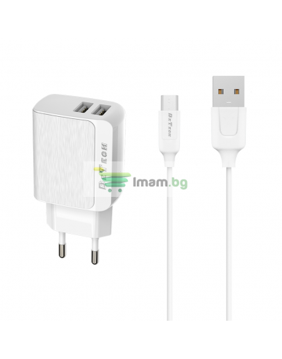 Мрежово зарядно устройство DeTech DE-09M, 5V/2.4A, 220V,2 x USB, С Micro USB кабел, 1.0m, Бял - 14140