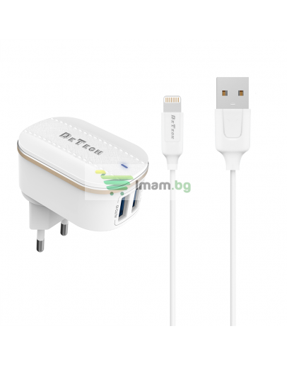 Мрежово зарядно устройство DeTech DE-15i, 5V/3.1A, 220V, 2 x USB, С Lightning кабел, 1.0m, Бял - 40097