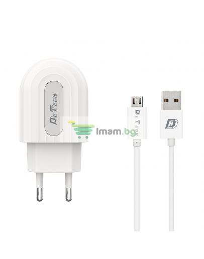 Мрежово зарядно устройство DeTech DE-28M, 5V/2.4A, 220V,1 x USB, С Micro USB кабел, 1.0m, Бял - 14133