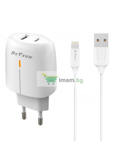 Мрежово зарядно устройство DeTech DE-31i, 20W, С Lightning кабел, 1 x Type-C F, 1 x USB F, PD, QC, Бял - 40320