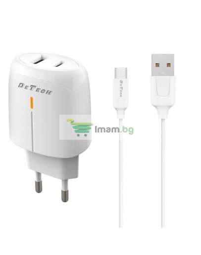 Мрежово зарядно устройство DeTech DE-31M, 20W, С Micro USB кабел, 1 x Type-C F, 1 x USB F, PD, QC, Бял - 40319
