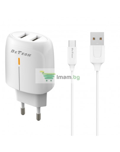 Мрежово зарядно устройство DeTech DE-32QCM, 18W, С Micro USB кабел, 2 x USB F, QC, Бял - 40325