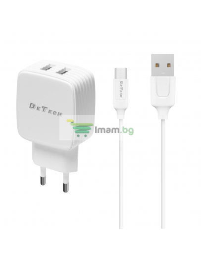 Мрежово зарядно устройство DeTech DE-33M, 5V/2.4A, 220V,2 x USB, С Micro USB кабел, 1.0m, Бял - 40100