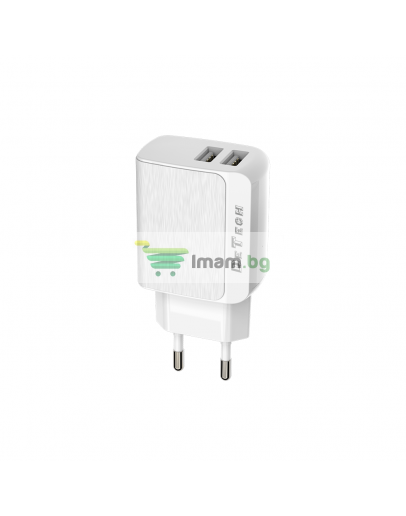 Мрежово зарядно устройство DeTech, DE-09, 5V/2.4A 220V, 2 x USB, Бял - 14139