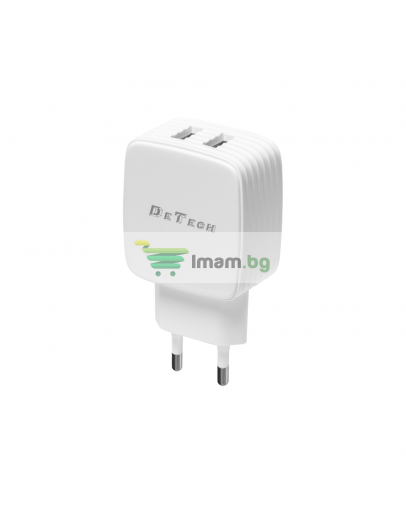 Мрежово зарядно устройство DeTech, DE-33, 5V/2.4A 220V, 2 x USB, Бял - 40099