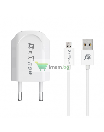 Мрежово зарядно устройство, DeTech, DE-11M, 5V/1A, 220V,1 x USB, С Micro USB кабел, 1.0m, Бял - 14115