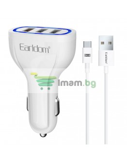Зарядно устройство за кола Earldom ES-CC13, 3xUSB, QC3.0, С Type-C кабел, Бял - 40254