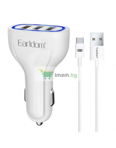 Зарядно устройство за кола Earldom ES-CC13, 3xUSB, QC3.0, С Type-C кабел, Бял - 40254