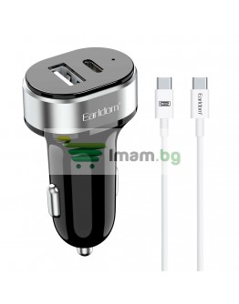 Зарядно устройство за кола Earldom ES-CC14, 1xUSB, 1xType-C, С PD Type-C кабел, Черен - 40354