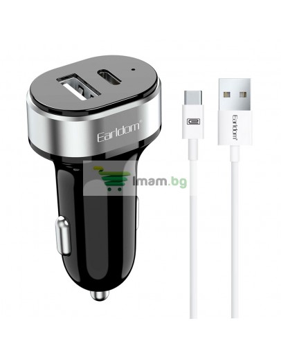 Зарядно устройство за кола Earldom ES-CC14, 1xUSB, 1xType-C, С Type-C кабел, Черен - 40243
