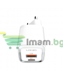 Мрежово зарядно устройство LDNIO A2318C, 20W, 1 x Type-C F, 1 x USB F, PD, QC, С Type-C кабел, Бял - 40291