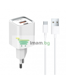 Мрежово зарядно устройство LDNIO A2318C, 20W, 1 x Type-C F, 1 x USB F, PD, QC, С Type-C кабел, Бял - 40291
