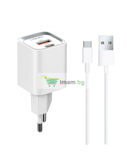 Мрежово зарядно устройство LDNIO A2318C, 20W, 1 x Type-C F, 1 x USB F, PD, QC, С Type-C кабел, Бял - 40291
