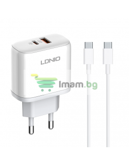 Мрежово зарядно устройство LDNIO A2526C, 45W, 1 x Type-C F, 1 x USB F, PD, QC, PPS, С PD Type-C кабел, Бял - 40287