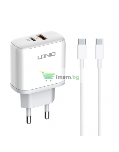 Мрежово зарядно устройство LDNIO A2526C, 45W, 1 x Type-C F, 1 x USB F, PD, QC, PPS, С PD Type-C кабел, Бял - 40287