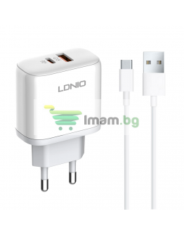 Мрежово зарядно устройство LDNIO A2526C, 45W, 1 x Type-C F, 1 x USB F, PD, QC, PPS, С Type-C кабел , Бял - 40286