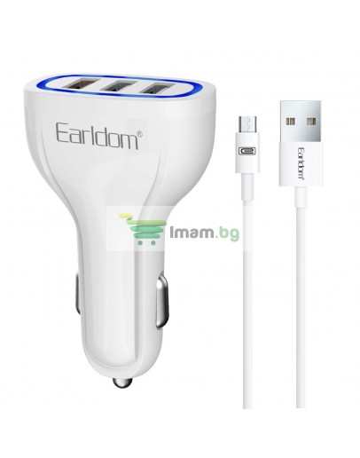 Зарядно устройство за кола Earldom ES-CC13, 3xUSB, QC3.0, С Micro USB кабел, Бял - 40252