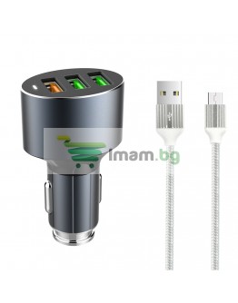 Зарядно устройство за кола, LDNIO C703Q, Quick Charge 3.0, 3xUSB, С Micro USB кабел, Сив - 14752