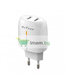 Мрежово зарядно устройство DeTech DE-32, 18W, 2 x USB F, QC, Бял - 40324