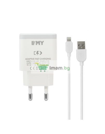 Мрежово зарядно устройство EMY MY-A301Q, Quick Charge 3.0, Lightning Кабел, Бял - 14960