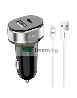 Зарядно устройство за кола Earldom ES-CC14, 1xUSB, 1xType-C, С Lightning кабел, Черен - 40242