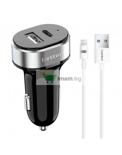 Зарядно устройство за кола Earldom ES-CC14, 1xUSB, 1xType-C, С Lightning кабел, Черен - 40242