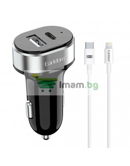 Зарядно устройство за кола Earldom ES-CC14, 1xUSB, 1xType-C, С PD Lightning кабел, Черен - 40245