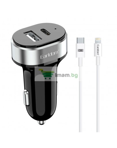 Зарядно устройство за кола Earldom ES-CC14, 1xUSB, 1xType-C, С PD Lightning кабел, Черен - 40355