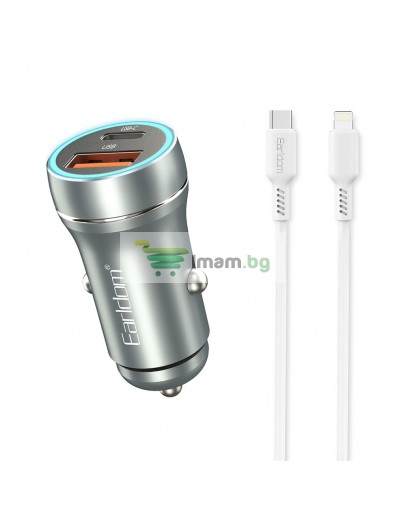 Зарядно устройство за кола Earldom ES-CC29, 30W, USB QC3.0, PD, С Lightning - PD кабел, Сребрист - 40352