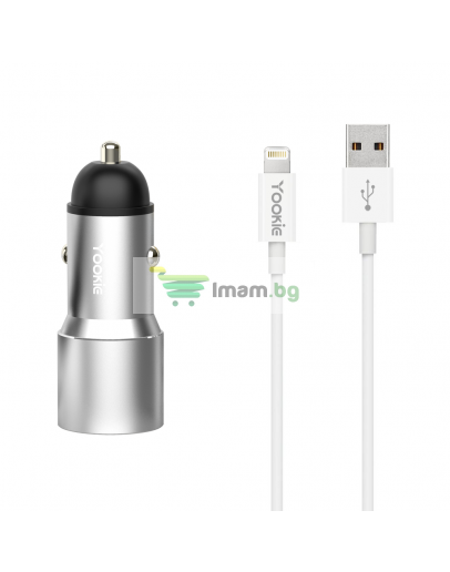 Зарядно устройство за кола Yookie PC4, Quick Charge 3.0, 2xUSB, С Lightning кабел, Различни цветове - 40144