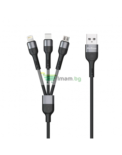 Кабел за зареждане DeTech DE-C41, 3 в 1, Micro USB, Lightning, Type-C, 1.0m, Черен - 40204