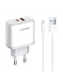 Мрежово зарядно устройство LDNIO A2526C, 45W, 1 x Type-C F, 1 x USB F, PD, QC, PPS, С Lightning кабел , Бял - 40285 Мрежово зарядно устройство LDNIO A2526C, 45W, 1 x Type-C F, 1 x USB F, PD, QC, PPS, С Lightning кабел , Бял - 40285