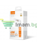 Мрежово зарядно устройство LDNIO A2526C, 45W, 1 x Type-C F, 1 x USB F, PD, QC, PPS, С Lightning кабел , Бял - 40285 Мрежово зарядно устройство LDNIO A2526C, 45W, 1 x Type-C F, 1 x USB F, PD, QC, PPS, С Lightning кабел , Бял - 40285