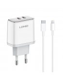 Мрежово зарядно устройство LDNIO A2528M, MFi, 35W, 2 x Type-C F, PD, С Кабел Type-C към Lightning, Бял - 40280 Мрежово зарядно устройство LDNIO A2528M, MFi, 35W, 2 x Type-C F, PD, С Кабел Type-C към Lightning, Бял - 40280