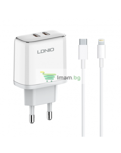 Мрежово зарядно устройство LDNIO A2528M, MFi, 35W, 2 x Type-C F, PD, С Кабел Type-C към Lightning, Бял - 40280