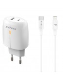 Мрежово зарядно устройство DeTech DE-31PDL, 20W, С Type-C към Lightning кабел, 1 x Type-C F, 1 x USB F, PD, QC, Бял - 40323 Мрежово зарядно устройство DeTech DE-31PDL, 20W, С Type-C към Lightning кабел, 1 x Type-C F, 1 x USB F, PD, QC, Бял - 40323