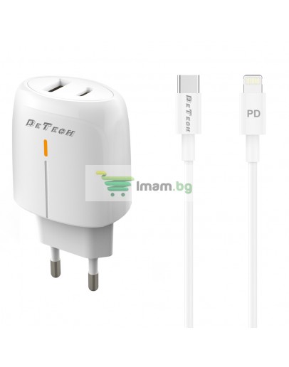 Мрежово зарядно устройство DeTech DE-31PDL, 20W, С Type-C към Lightning кабел, 1 x Type-C F, 1 x USB F, PD, QC, Бял - 40323