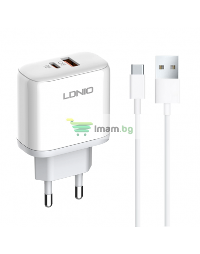 Мрежово зарядно устройство LDNIO A2526C, 45W, 1 x Type-C F, 1 x USB F, PD, QC, PPS, С Type-C кабел , Бял - 40286