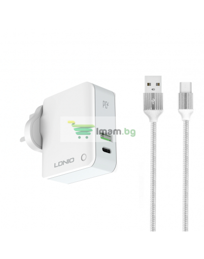 Мрежово зарядно устройство LDNIO A4403C, 1xUSB, 1xType-C PD, С Micro USB кабел, Бял - 40091
