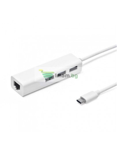 USB Hub, No Brand, USB 3.1 Type-C + Мрежов адаптер, 3 Порта, Бял - 12049 